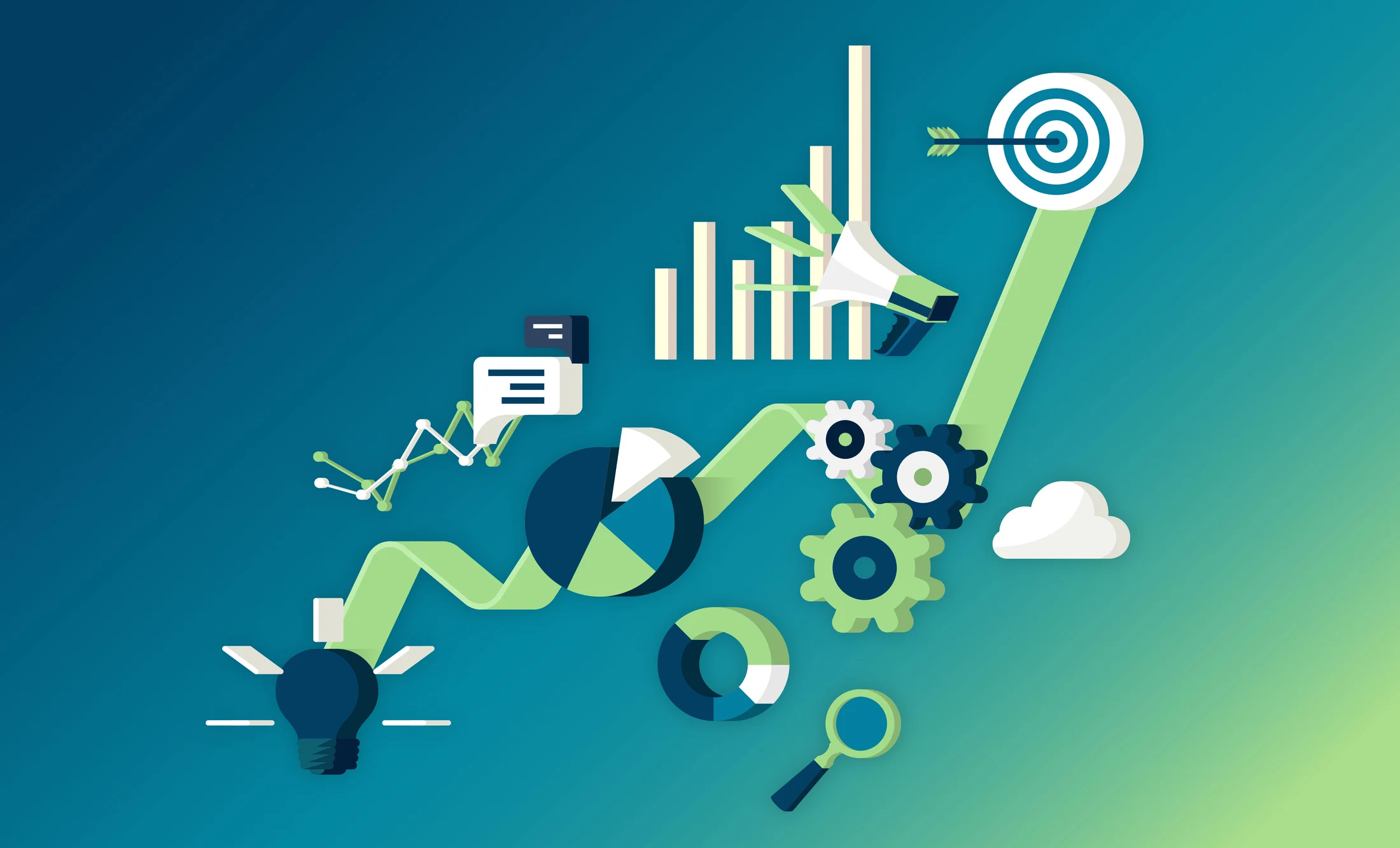 Illustration of growth charts, a target, gears, and a lightbulb, representing technical problem-solving