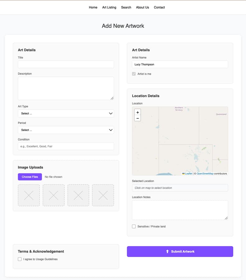 Add New Artwork form with fields for art details, artist information, a map picker for location, and a checkbox for sensitive or private land