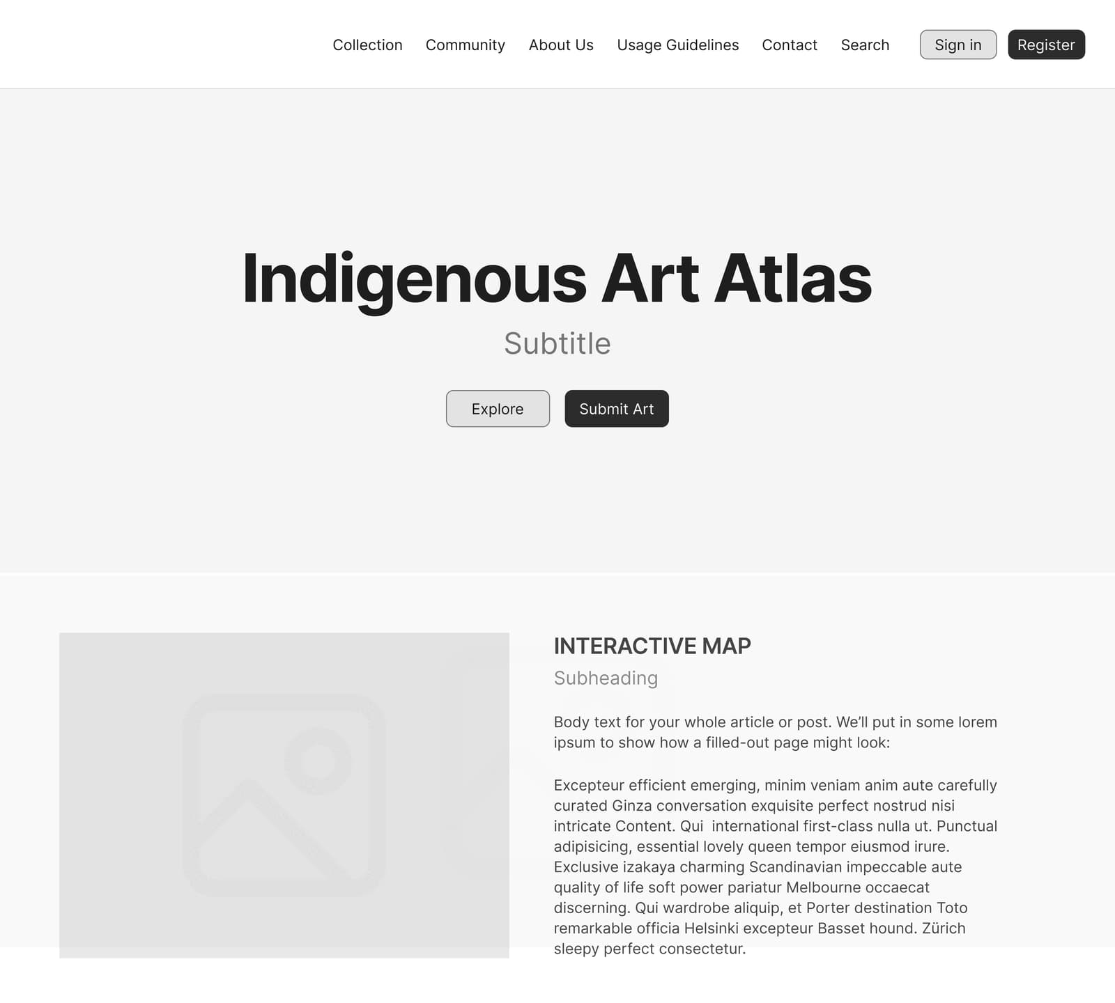 Low-fidelity wireframe of the homepage, showing navigation, a hero section, and a placeholder for the interactive map