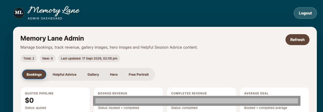 Memory Lane Admin dashboard showing the Bookings tab with quoted pipeline, booked revenue, completed revenue, and average deal stat cards, and tabs for Helpful Advice, Gallery, Hero, and Free Portrait