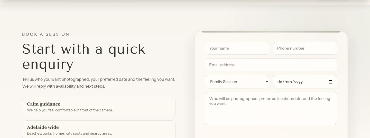 Booking enquiry form with fields for name, phone, email, session type, and preferred date