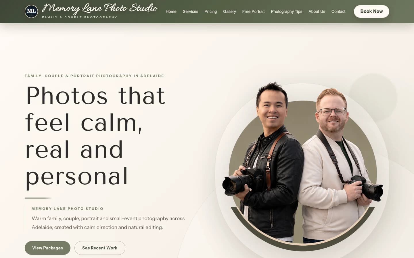 Memory Lane Photo Studio homepage with the tagline 'Photos that feel calm, real and personal' and a photo of the two co-founders
