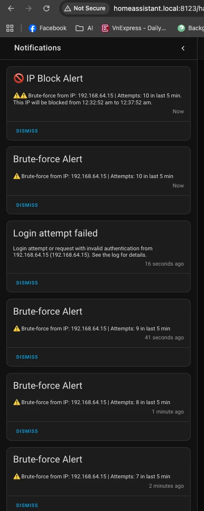 Home Assistant dashboard showing an IP Block Alert with the block time window, alongside the sequence of prior brute-force alerts