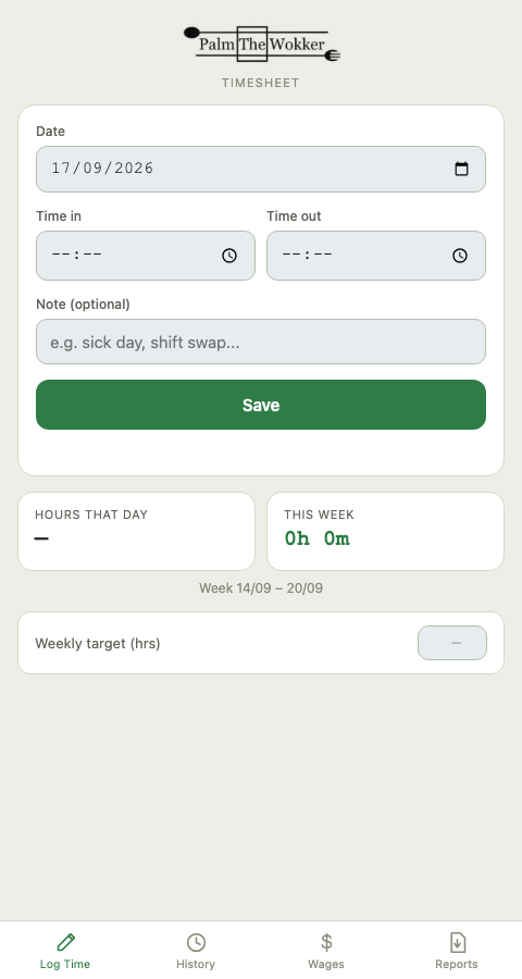 Timesheet app dashboard with date, time in, time out fields, a save button, and hours logged for the day and week