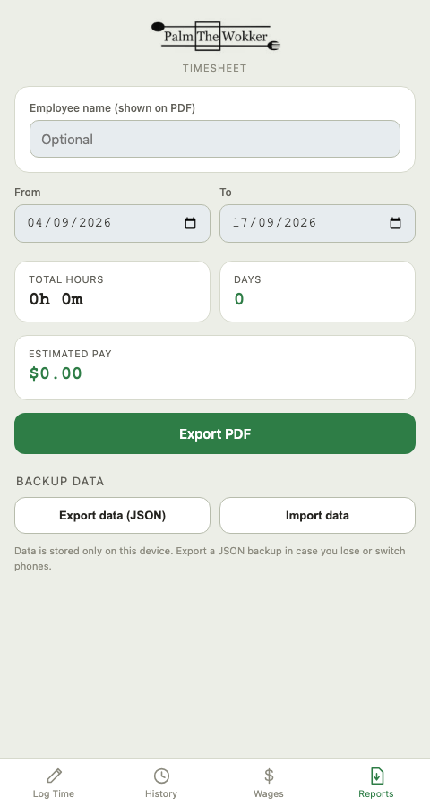 Reports tab showing total hours, days, estimated pay, and buttons to export a PDF timesheet or a JSON backup